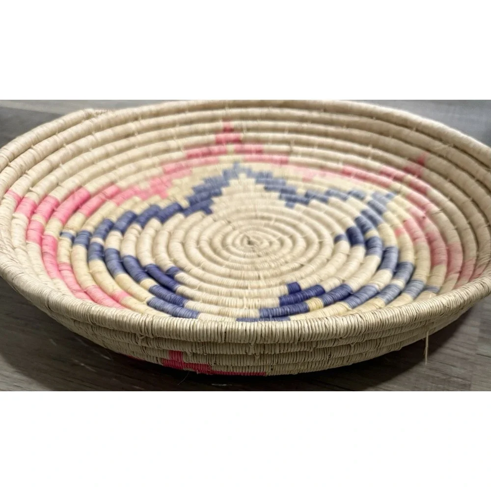 Handmade Woven African Coiled Basket Wall Decor Pink Blue Star Petal Boho